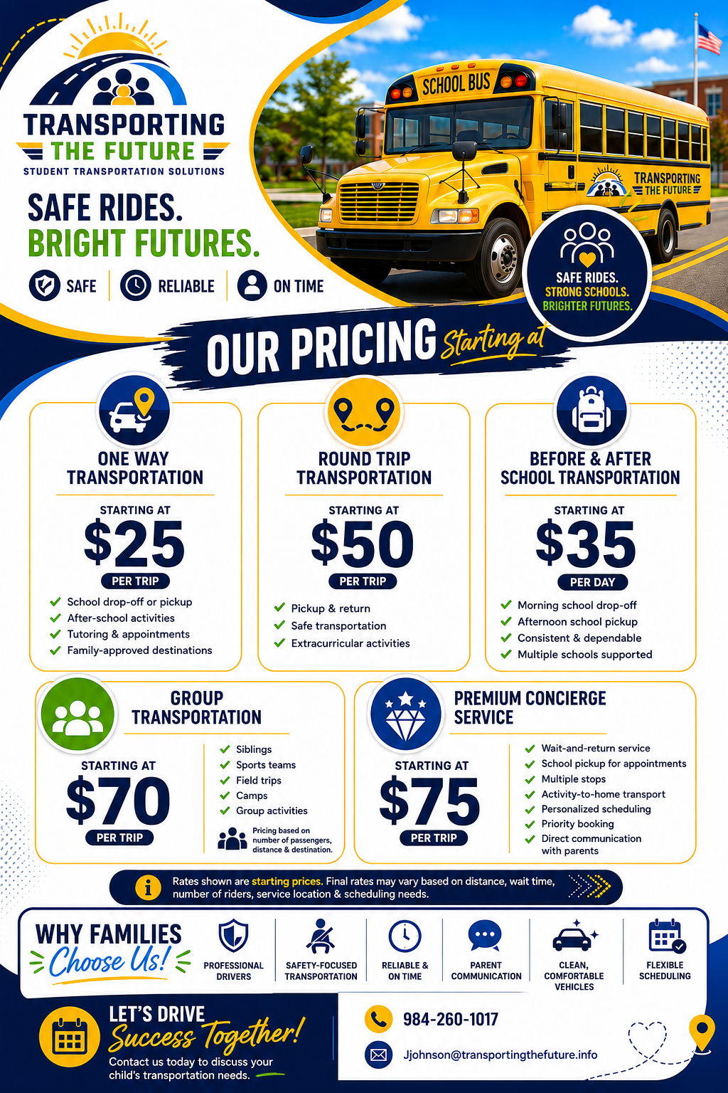 Transporting The Future pricing flyer — one way $25, round trip $50, school $25/one-way, group $70, concierge $75