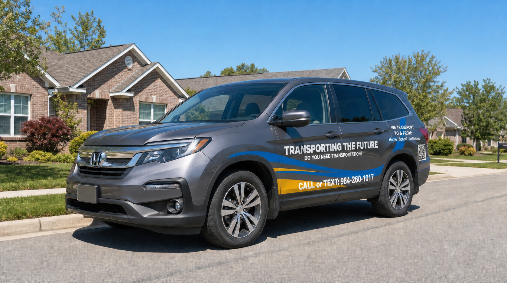 Transporting The Future branded SUV on a suburban street